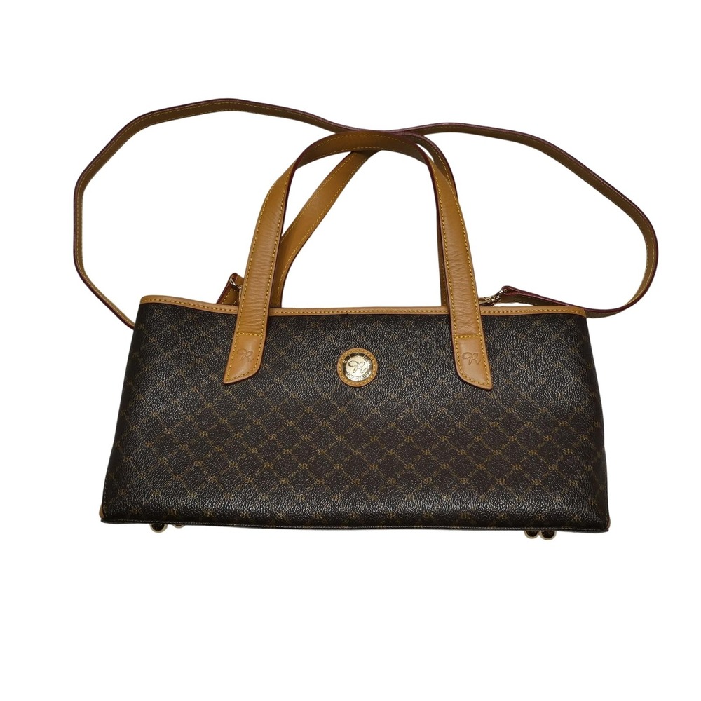 Rioni Moda Italia Handbag Womens Brown Monogram Shoulder Bag Tan Leather Satchel